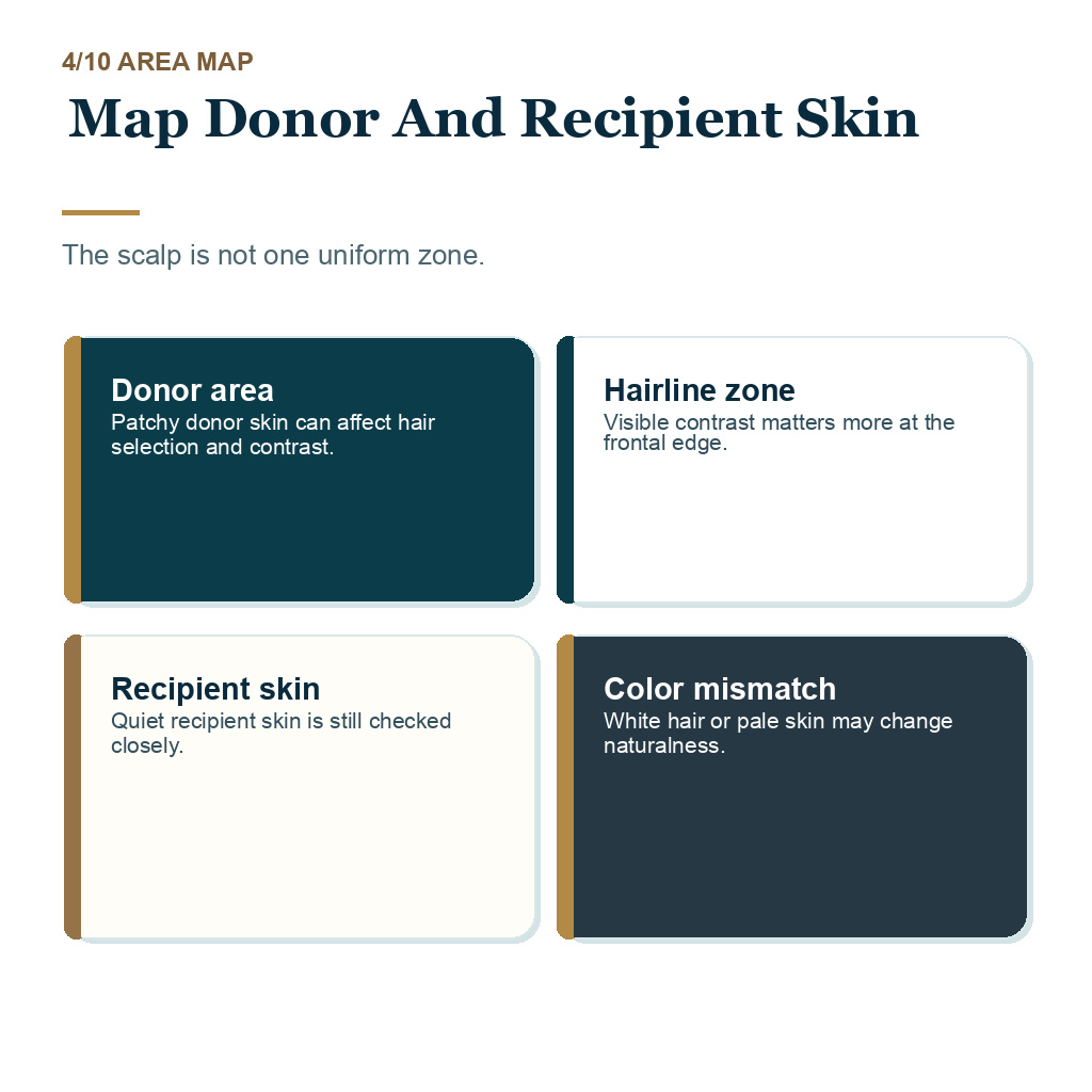 Vitiligo hair transplant, map donor and recipient areas.