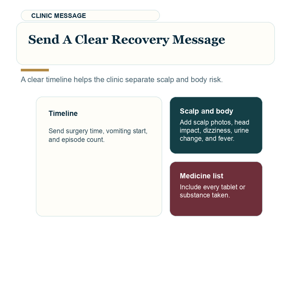 Vomiting after hair transplant support visual about send a clear recovery message