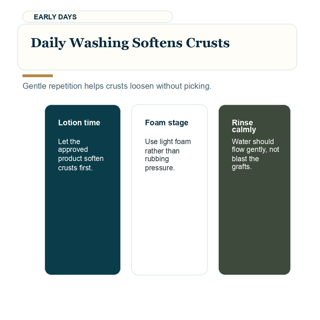 Daily washing guidance for softening crusts after hair transplant