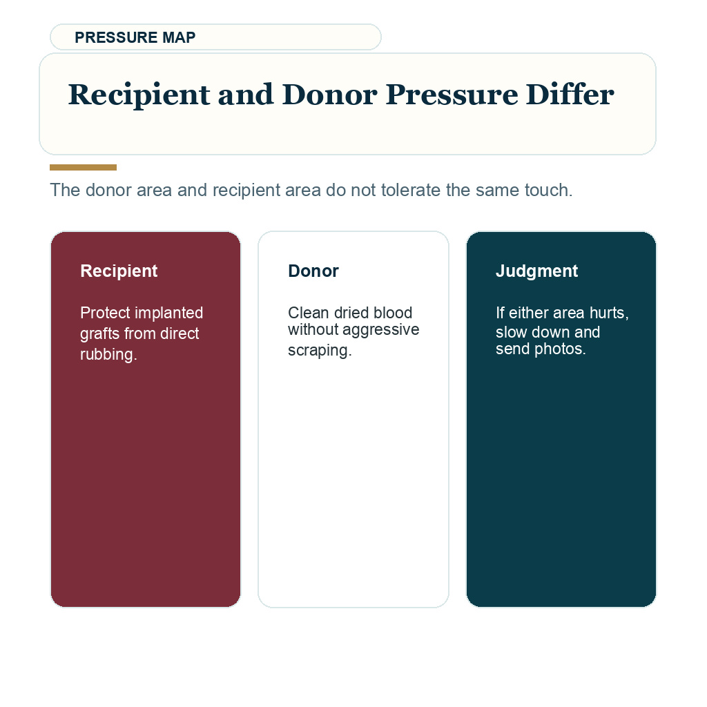 Recipient and donor washing pressure guidance after hair transplant