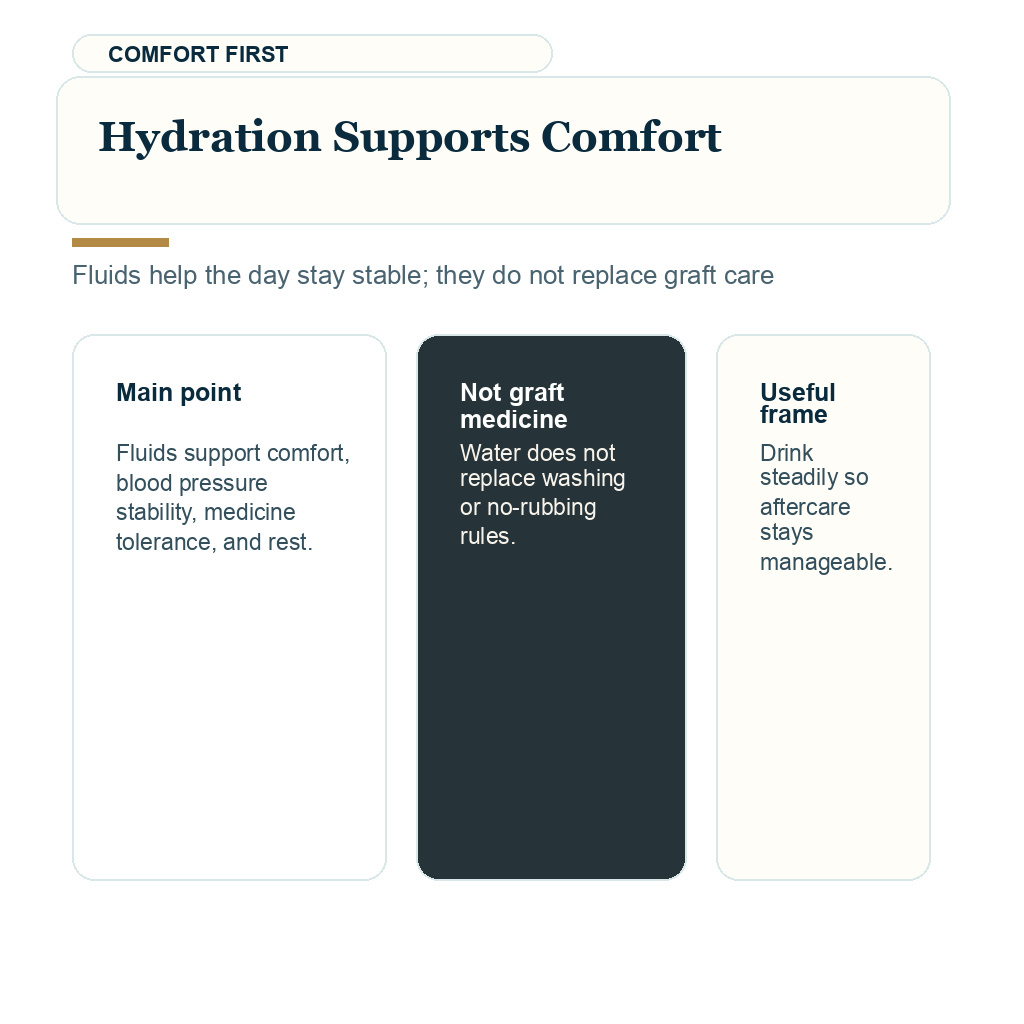 Water and electrolytes after FUE support visual about hydration supports comfort