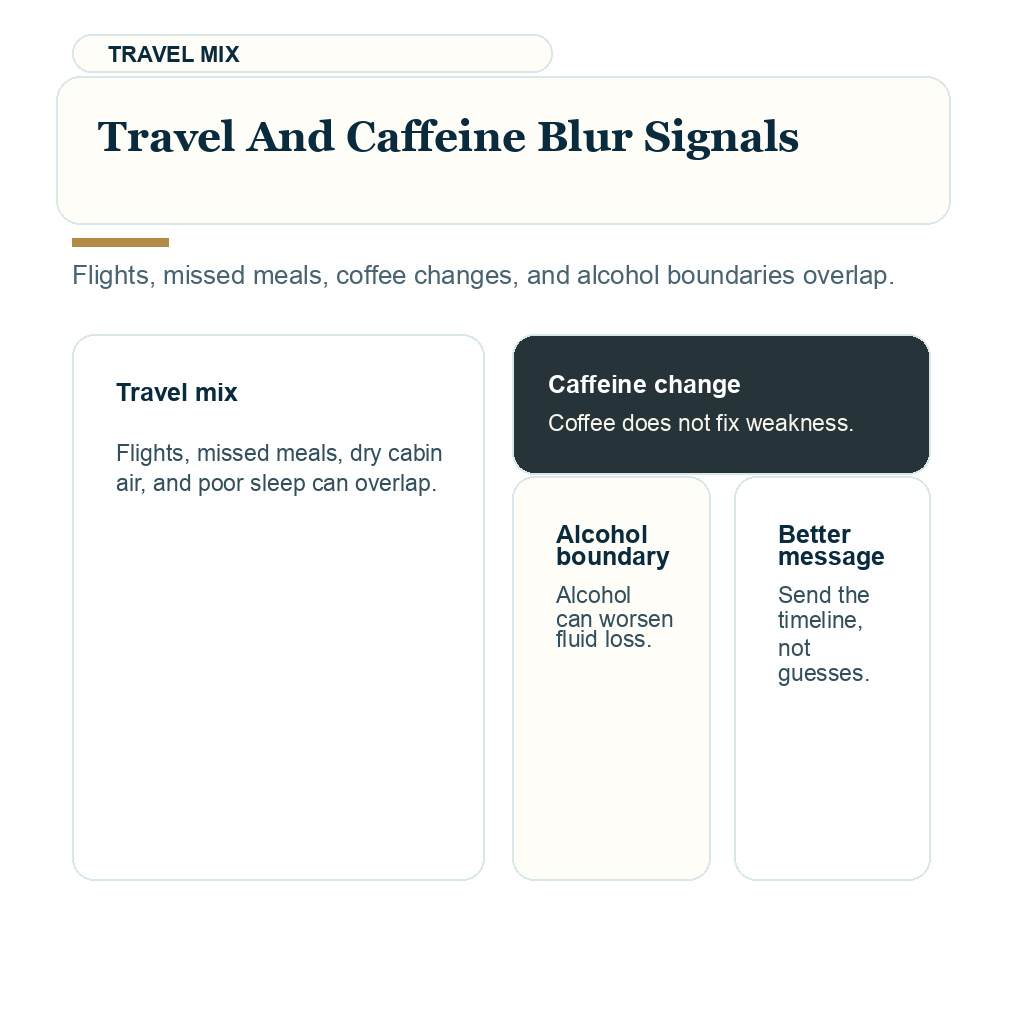 Water and electrolytes after FUE support visual about travel and caffeine blur signals