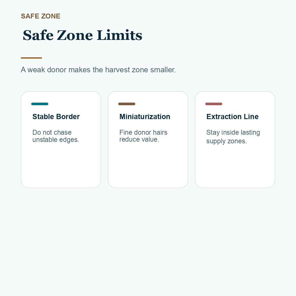 Weak Donor Area Hair Transplant Planning slide 1 showing safe zone limits