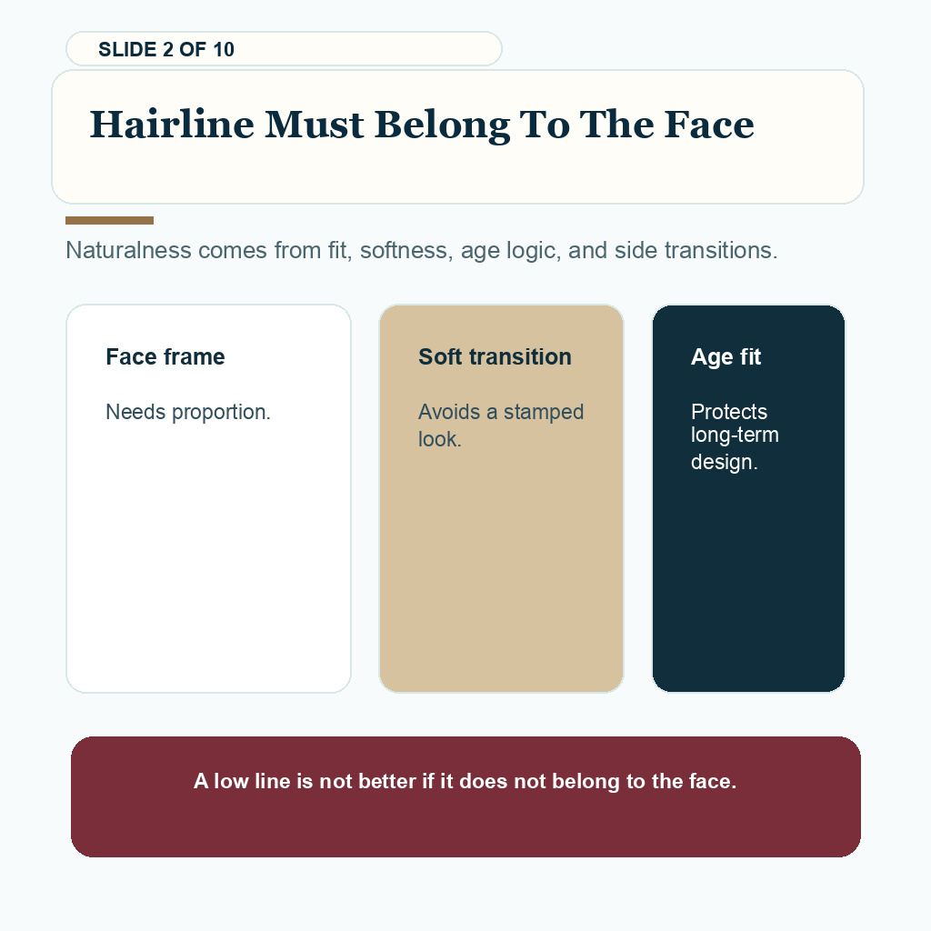 Good hair transplant result review slide about why a natural hairline must fit the face, age, and side transitions.