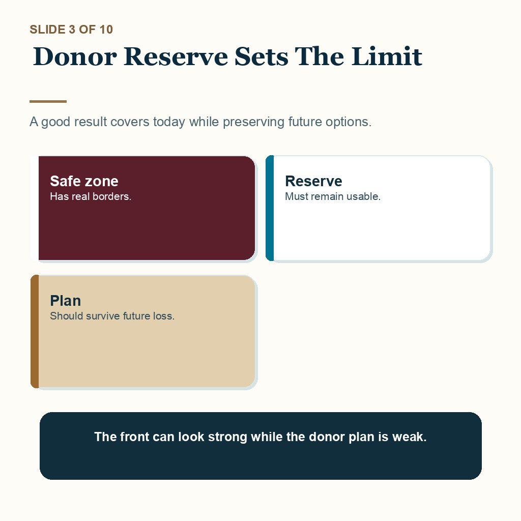 Good hair transplant result review slide about why donor reserve limits what a responsible result can promise.