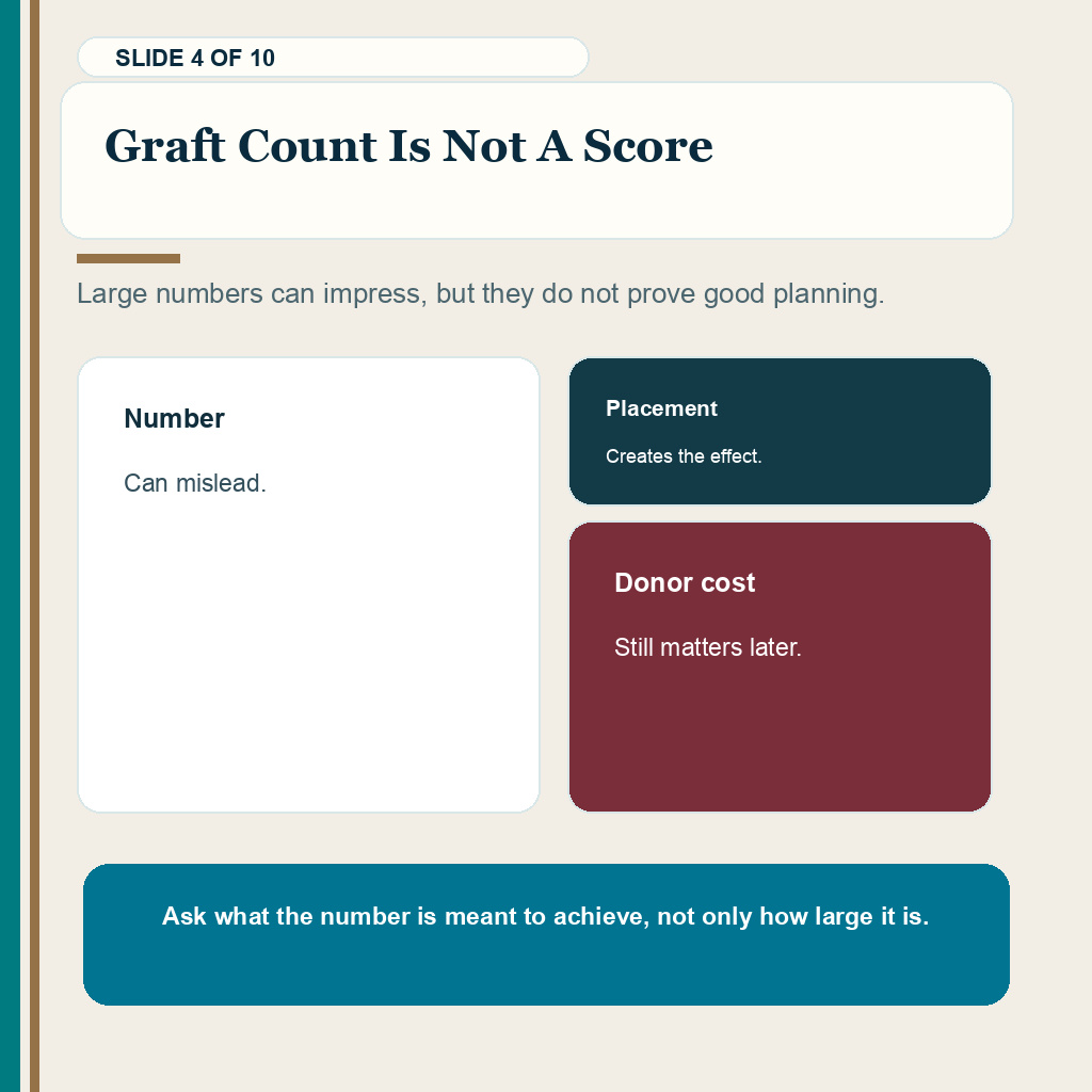 Good hair transplant result review slide about why graft count alone does not prove result quality.