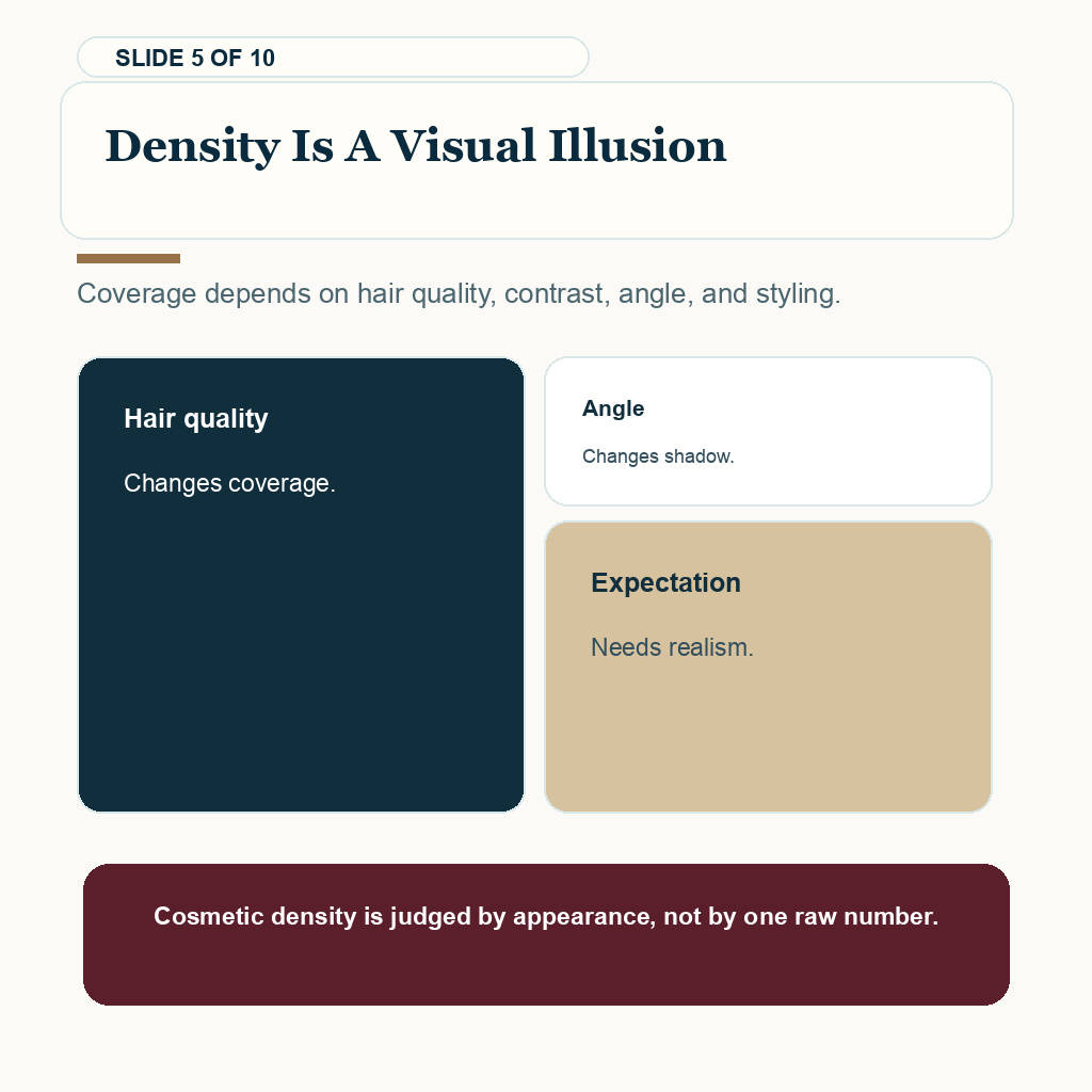 Good hair transplant result review slide about why hair characteristics and styling change the appearance of density.