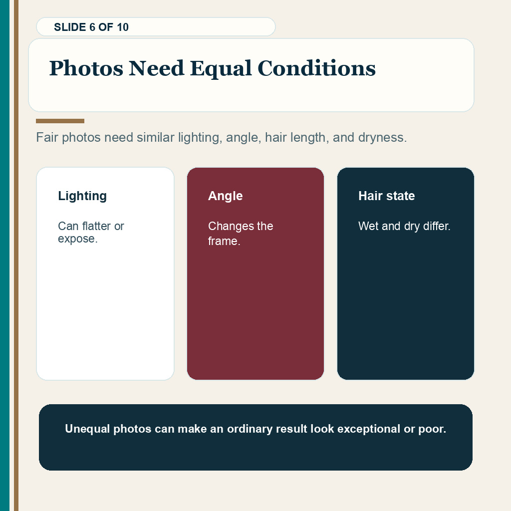 Good hair transplant result review slide about why result photos need similar lighting, angle, hair length, and dryness.