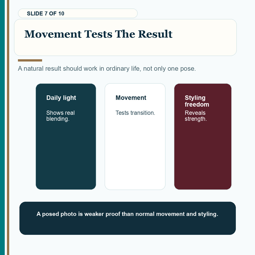 Good hair transplant result review slide about why daily movement and ordinary light matter more than a posed photo.