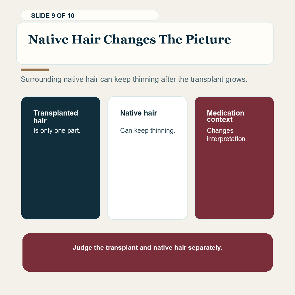 Good hair transplant result review slide about why native hair loss around transplanted hair changes result interpretation.