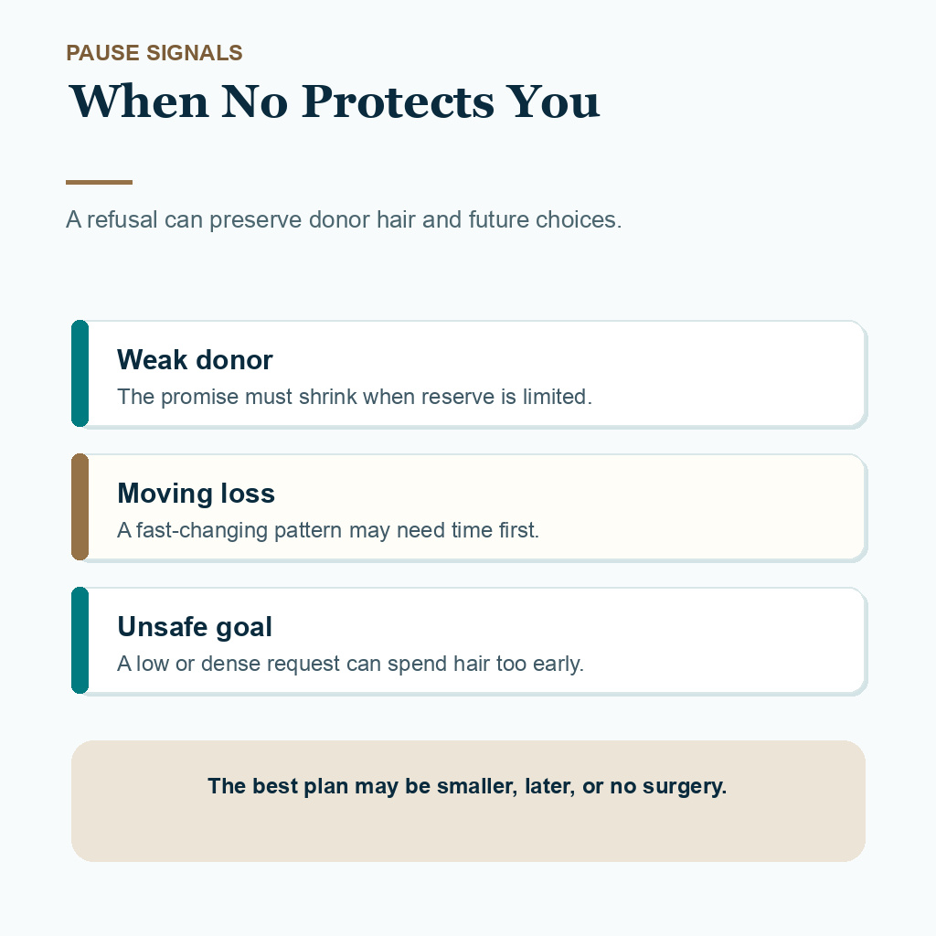 Diamond Hair Clinic support card showing pause signals before saying yes to surgery