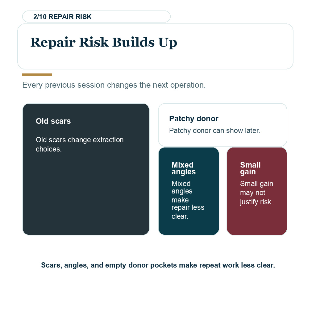 Slide 2 explaining why repair risk builds up when deciding whether another hair transplant is still worth it.