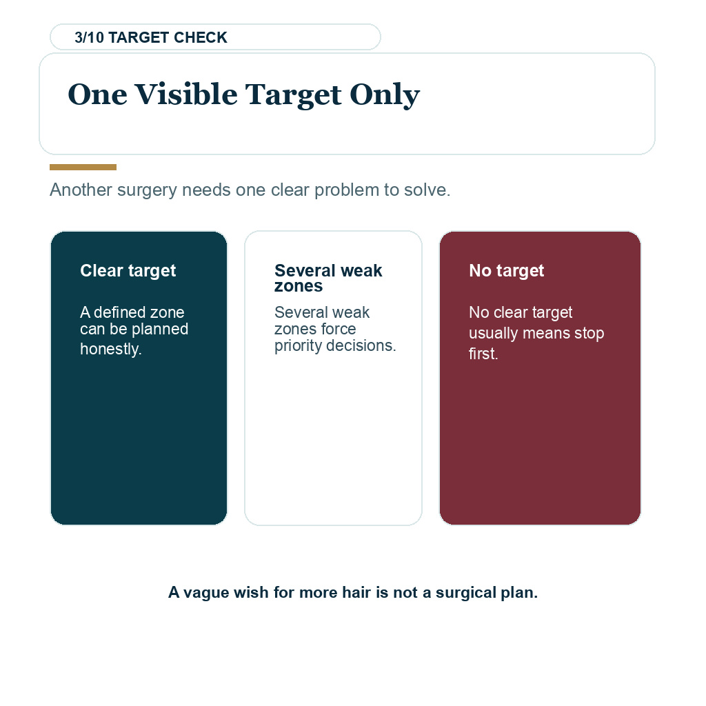 Slide 3 explaining why one visible target only when deciding whether another hair transplant is still worth it.