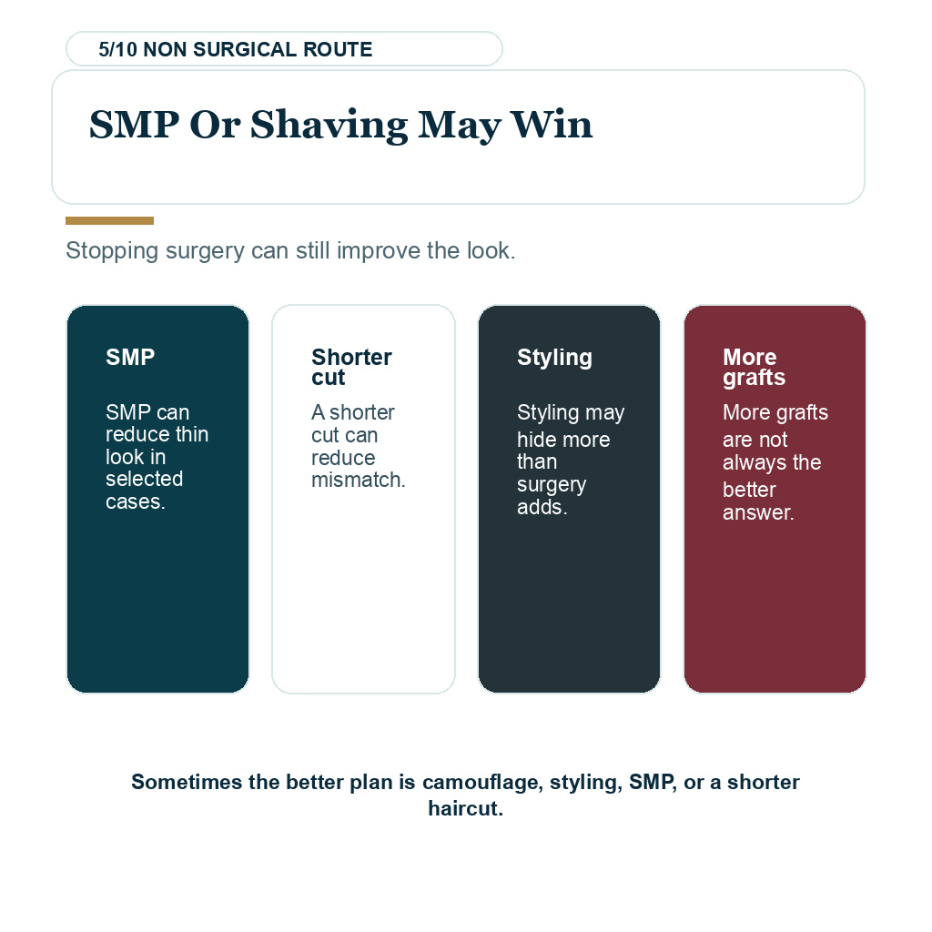 Slide 5 explaining why smp or shaving may win when deciding whether another hair transplant is still worth it.
