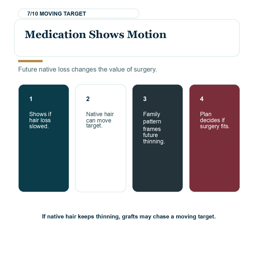 Slide 7 explaining why medication shows motion when deciding whether another hair transplant is still worth it.