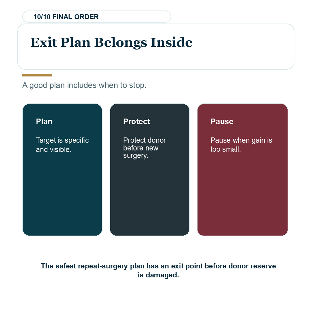 Slide 10 explaining why exit plan belongs inside when deciding whether another hair transplant is still worth it.