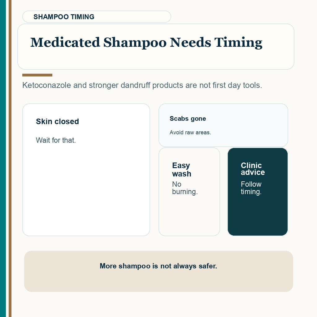 White flakes after hair transplant slide explaining medicated shampoo needs timing