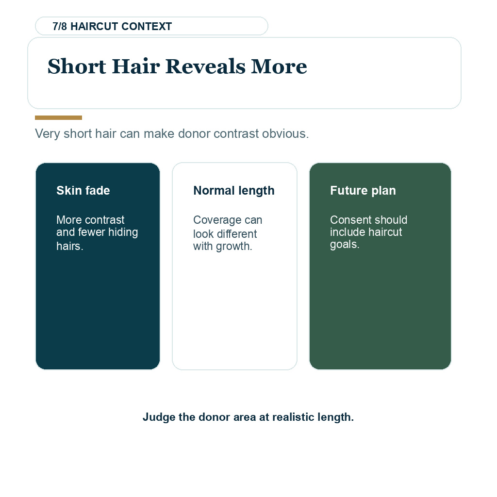 Diamond Hair Clinic white spots after FUE, short hair reveals more.