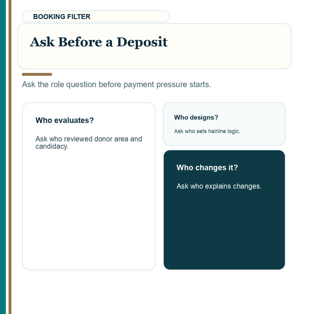 Who performs hair transplant surgery slide 2 explaining ask before a deposit