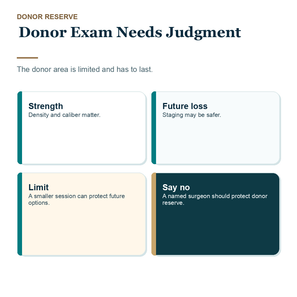 Who performs hair transplant surgery slide 4 explaining donor exam needs judgment