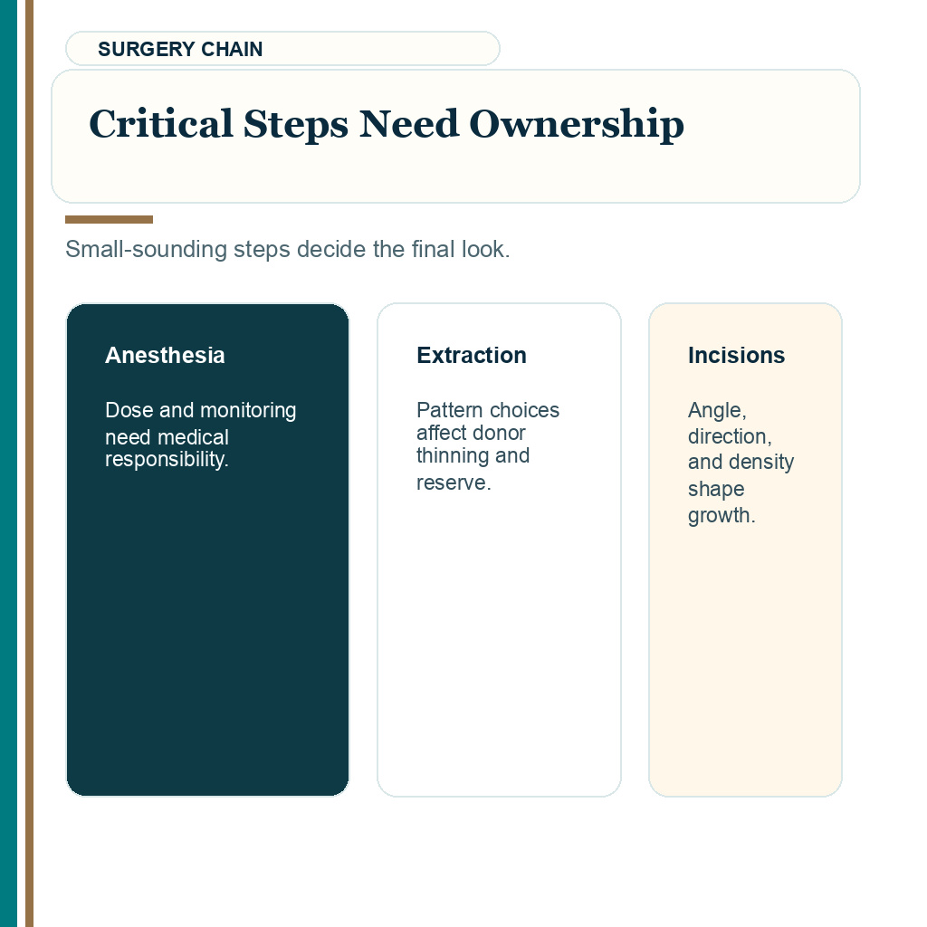 Who performs hair transplant surgery slide 6 explaining critical steps need ownership
