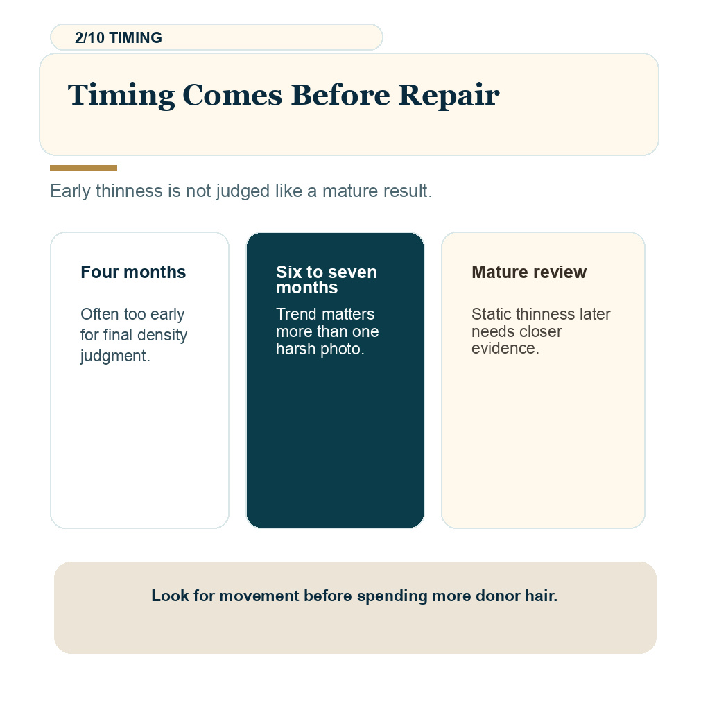 Thin hair transplant result slide 2 explaining timing comes before repair.