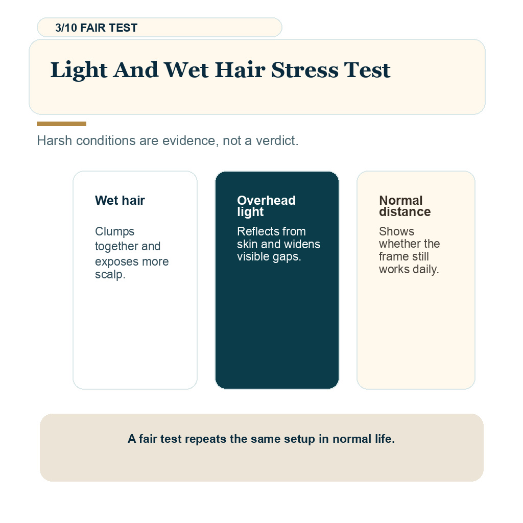 Thin hair transplant result slide 3 explaining light and wet hair stress test.