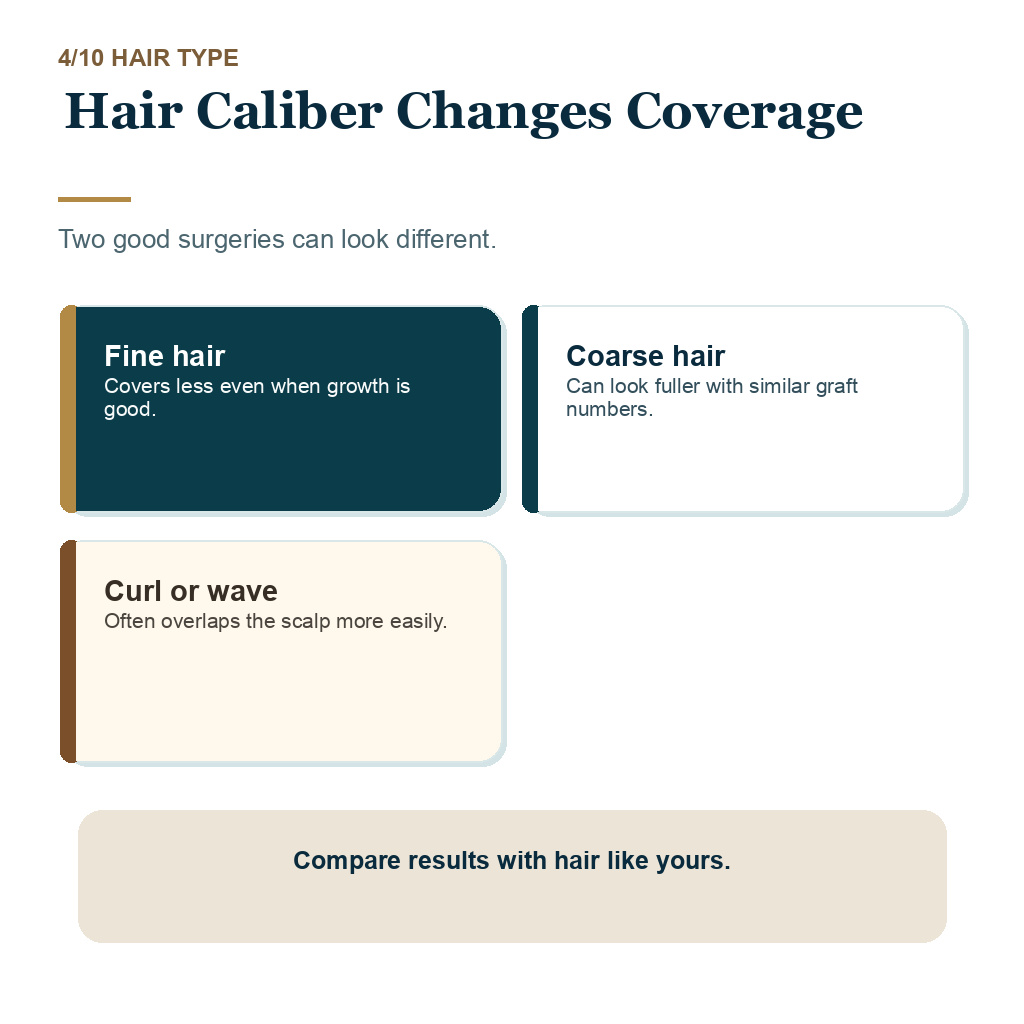 Thin hair transplant result slide 4 explaining hair caliber changes coverage.