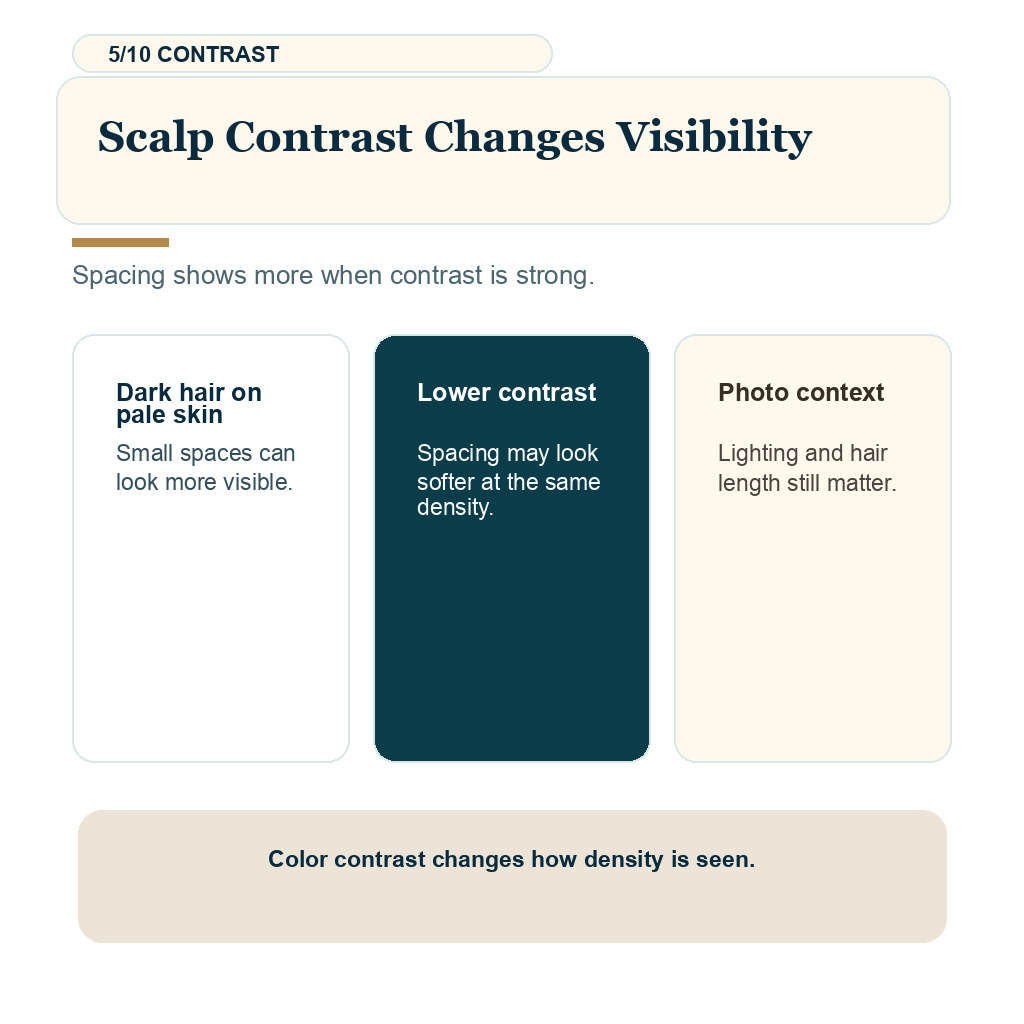 Thin hair transplant result slide 5 explaining scalp contrast changes visibility.