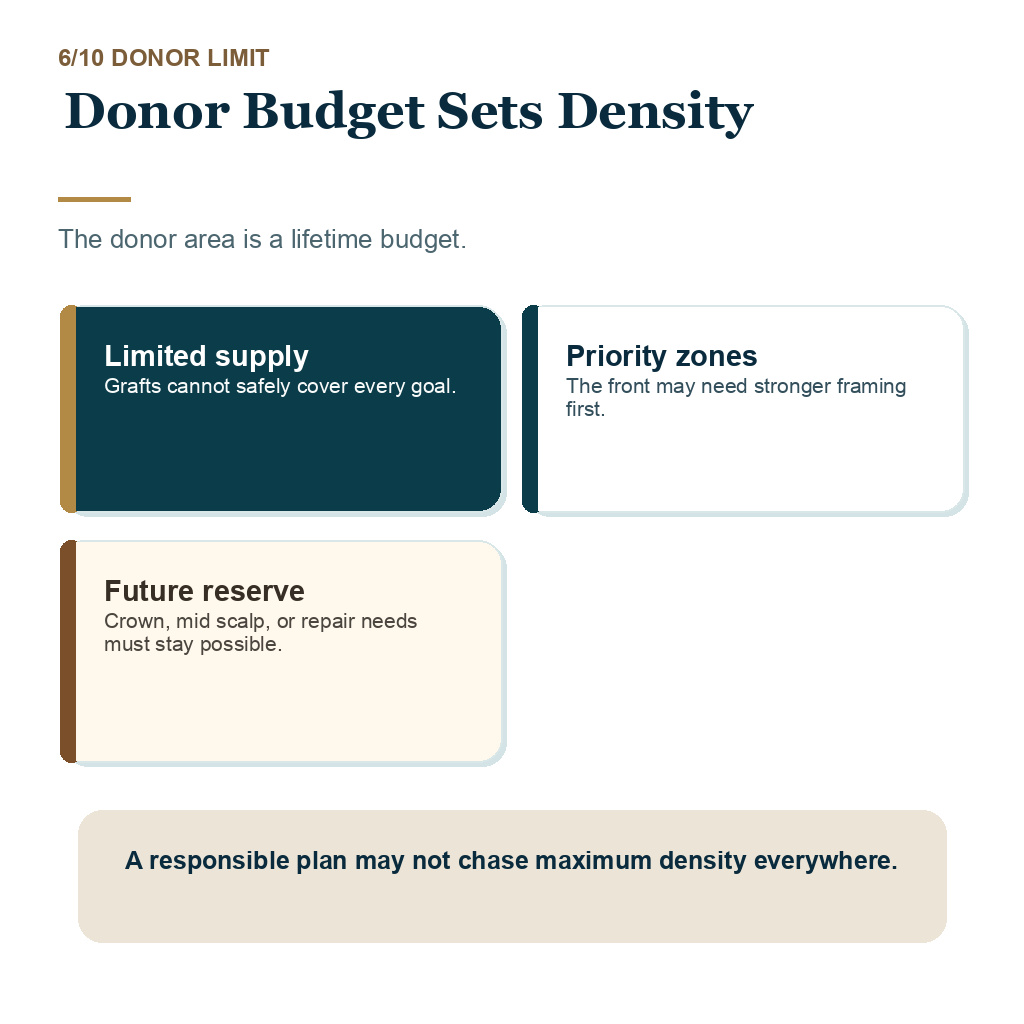 Thin hair transplant result slide 6 explaining donor budget sets density.