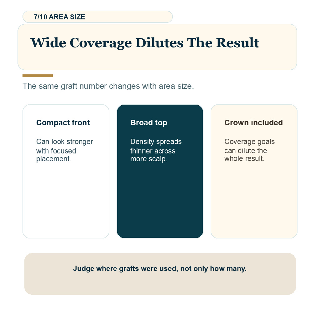 Thin hair transplant result slide 7 explaining wide coverage dilutes the result.