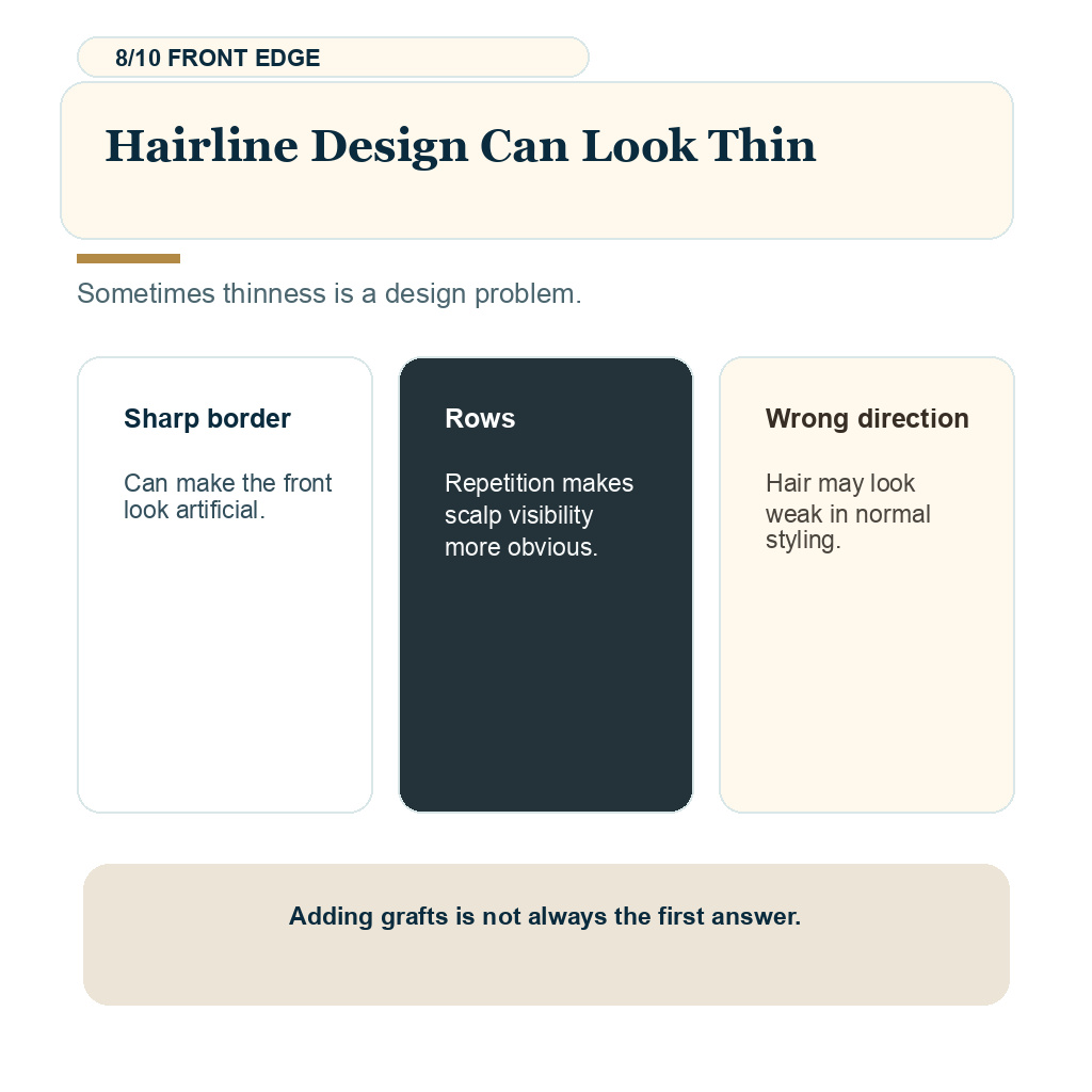 Thin hair transplant result slide 8 explaining hairline design can look thin.