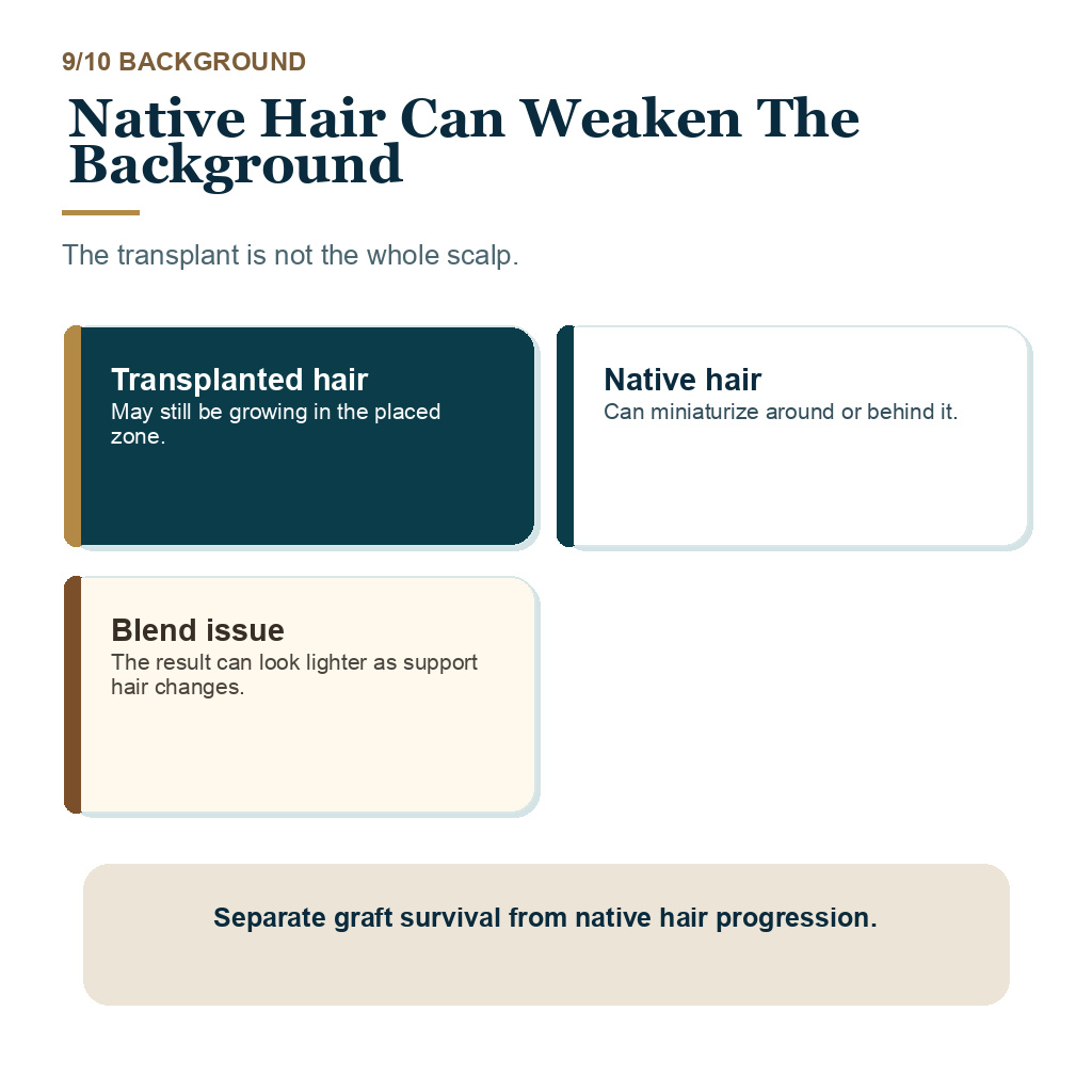 Thin hair transplant result slide 9 explaining native hair can weaken the background.