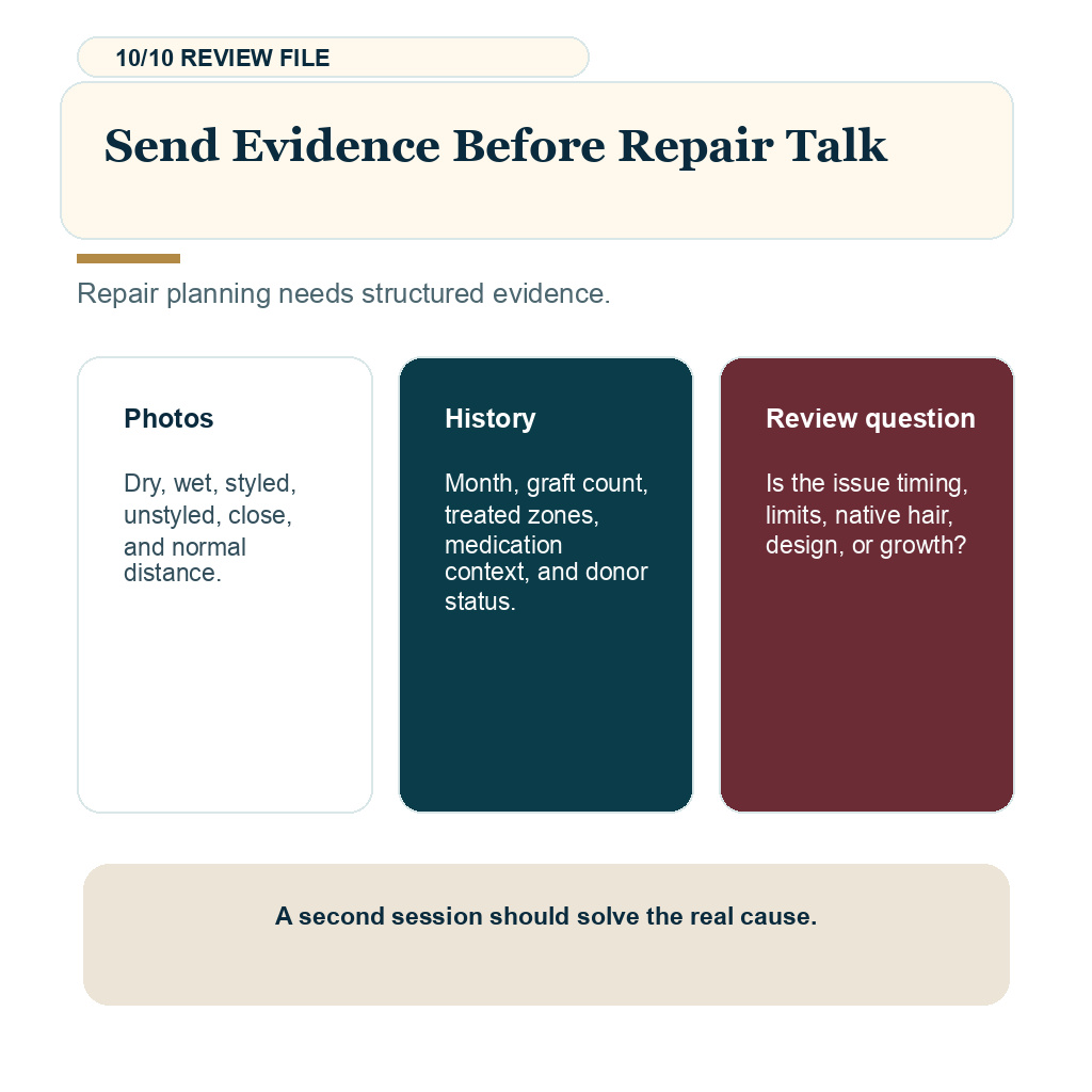 Thin hair transplant result slide 10 explaining send evidence before repair talk.