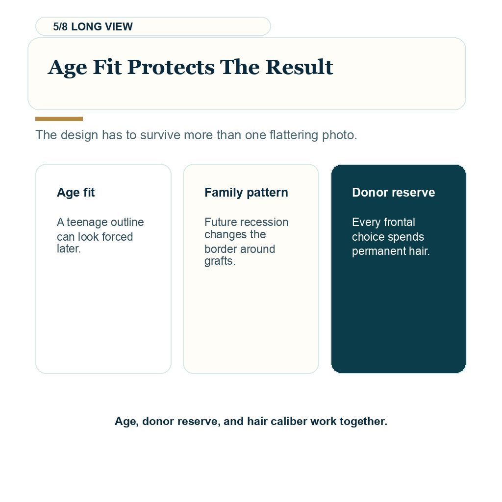 Widow peak hair transplant, age fit protects the result.