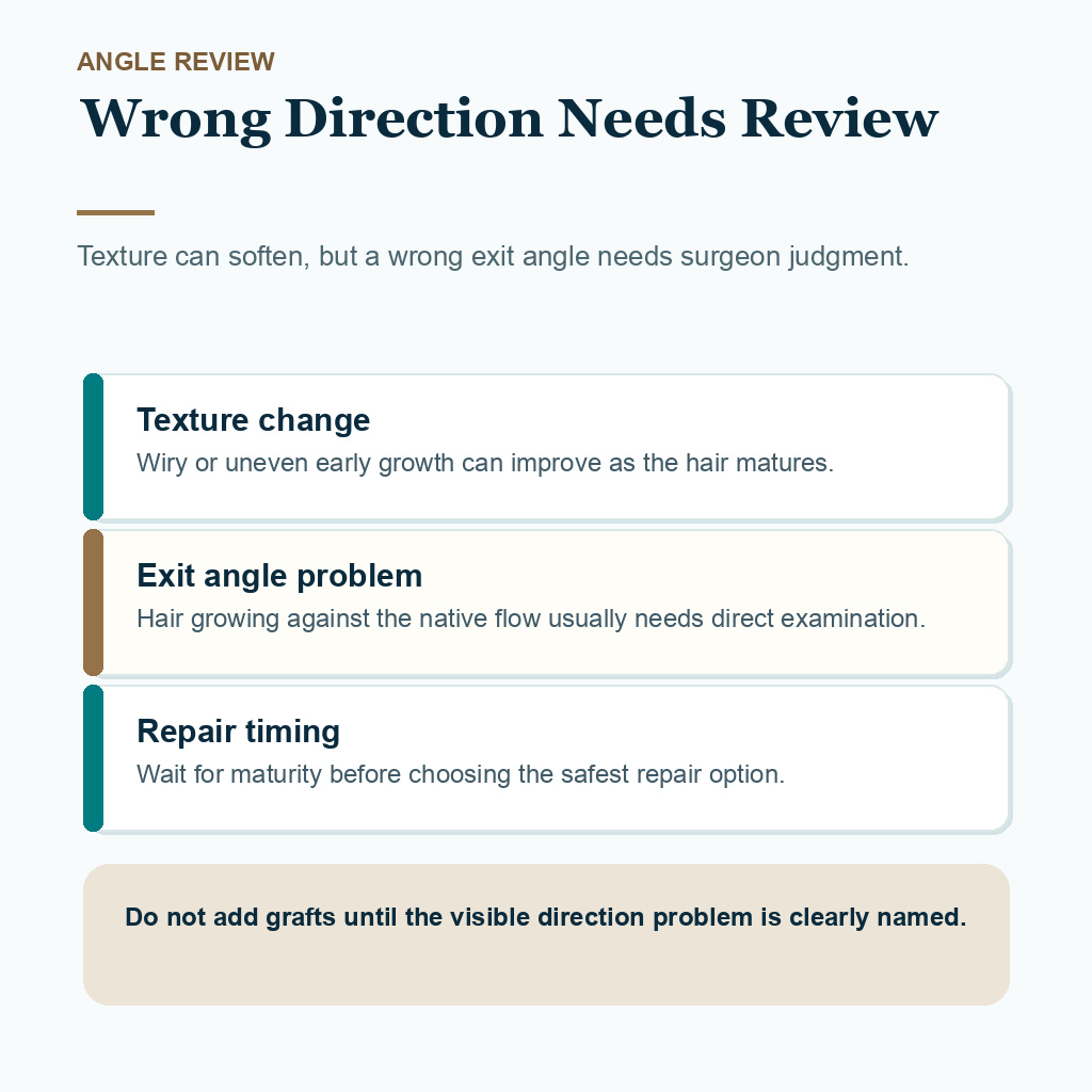 Support card explaining texture change, wrong exit angle, and repair timing after a hair transplant