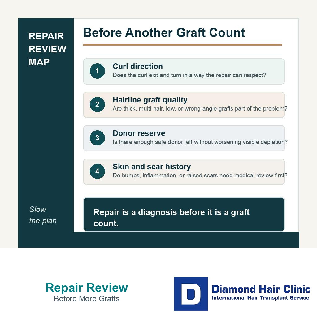 Afro repair review map showing curl direction hairline graft quality donor reserve and skin scar history