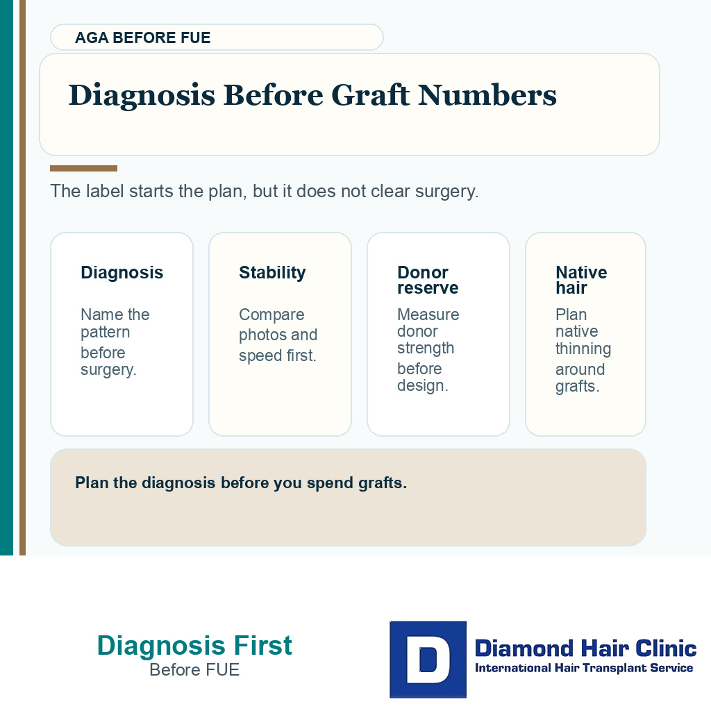 Diagnosis, stability, donor reserve, and native hair risk checks before FUE