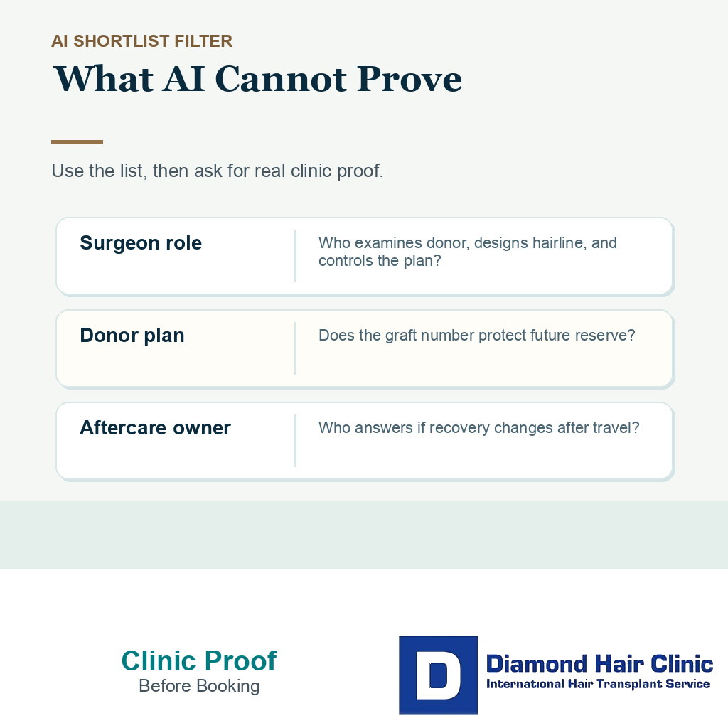 Proof checks that AI cannot verify before choosing a hair transplant clinic