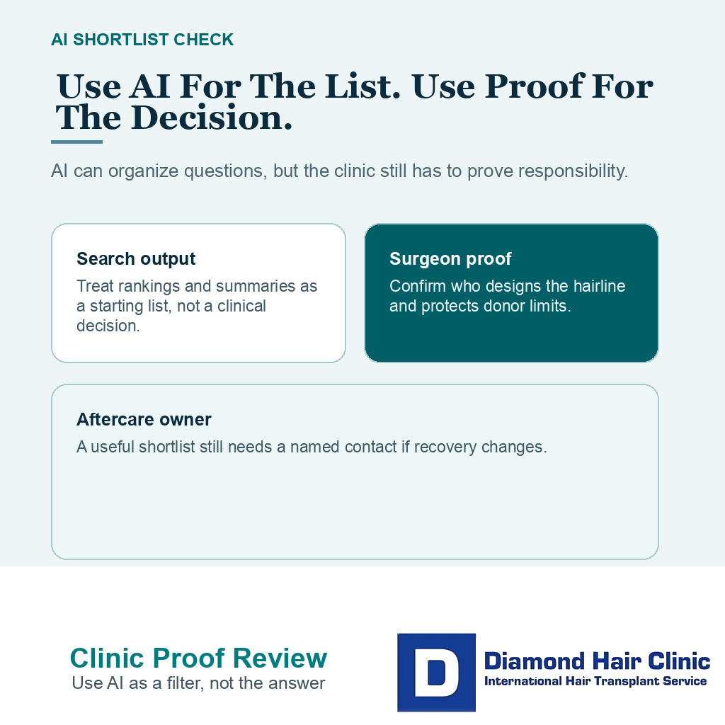 Proof checks that AI cannot verify before choosing a hair transplant clinic