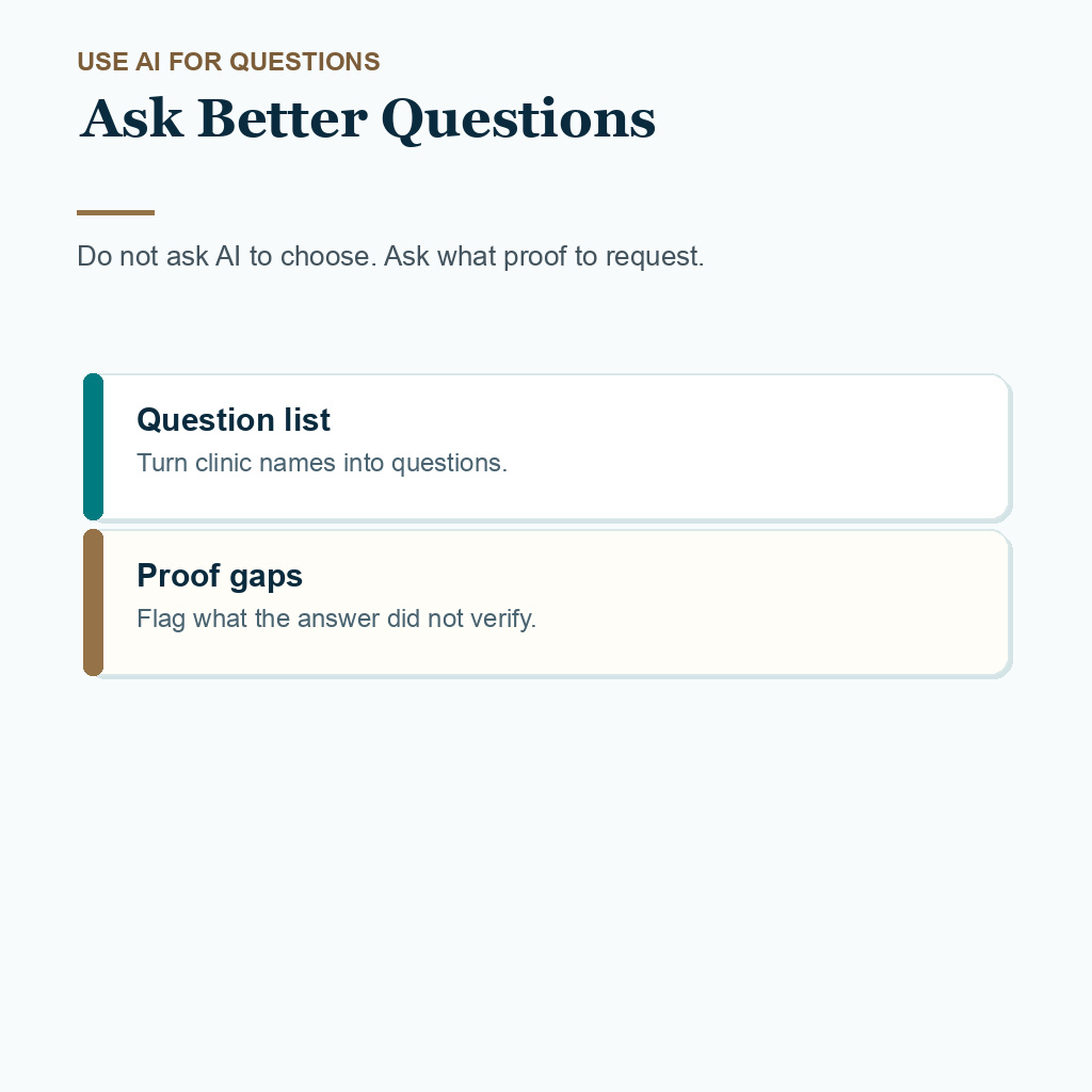 Ask Better Questions AI clinic shortlist verification slide