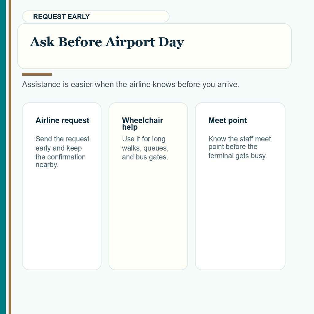 Carousel slide about requesting airport assistance early after FUE