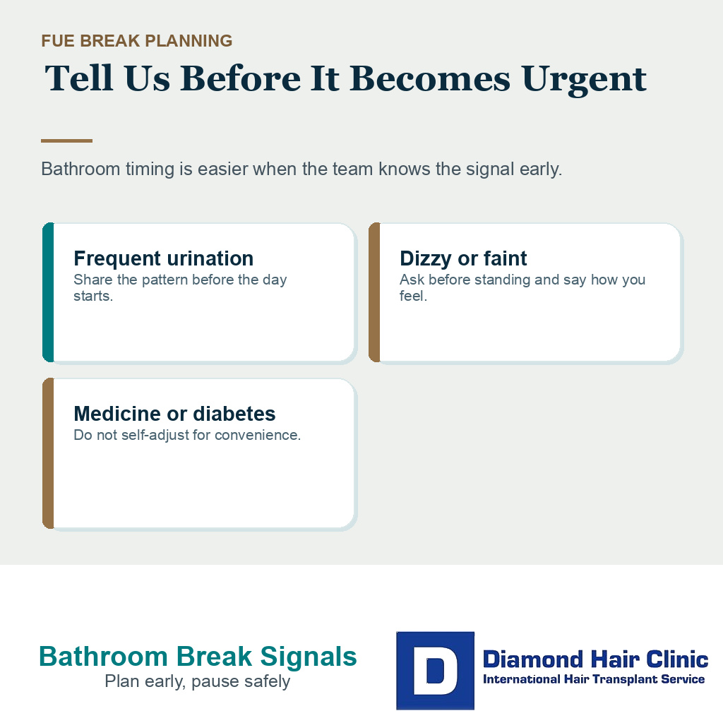 Bathroom break planning signals before and during a long FUE hair transplant