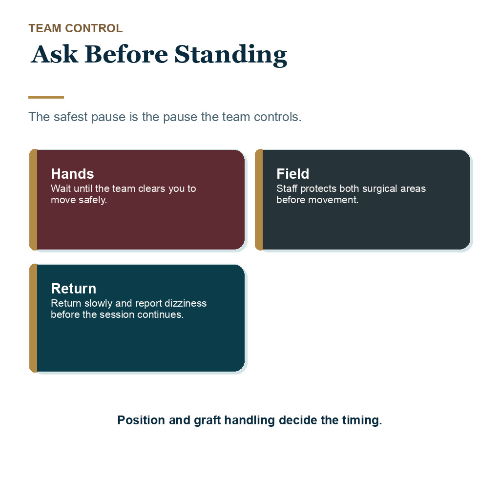 Patients should ask before standing during a FUE bathroom break.