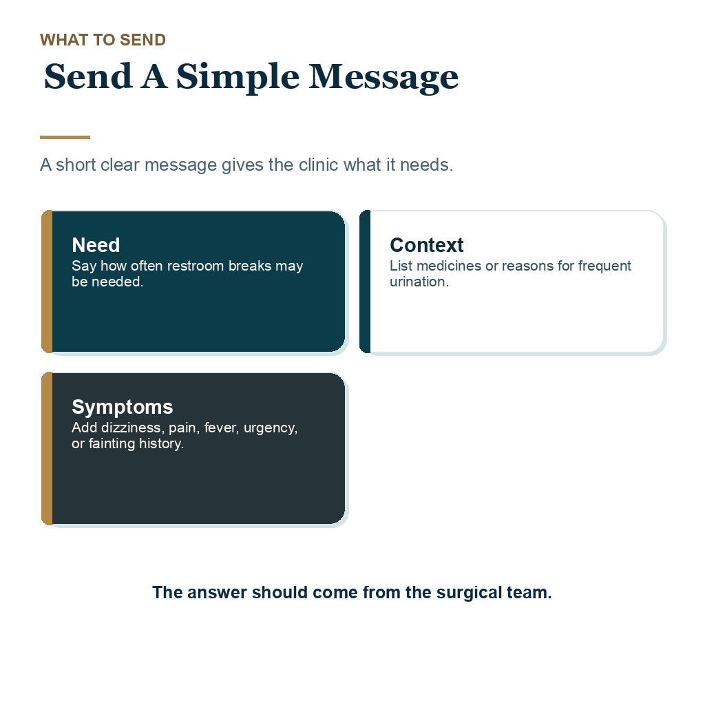 A simple clinic message can explain bathroom break needs before FUE.