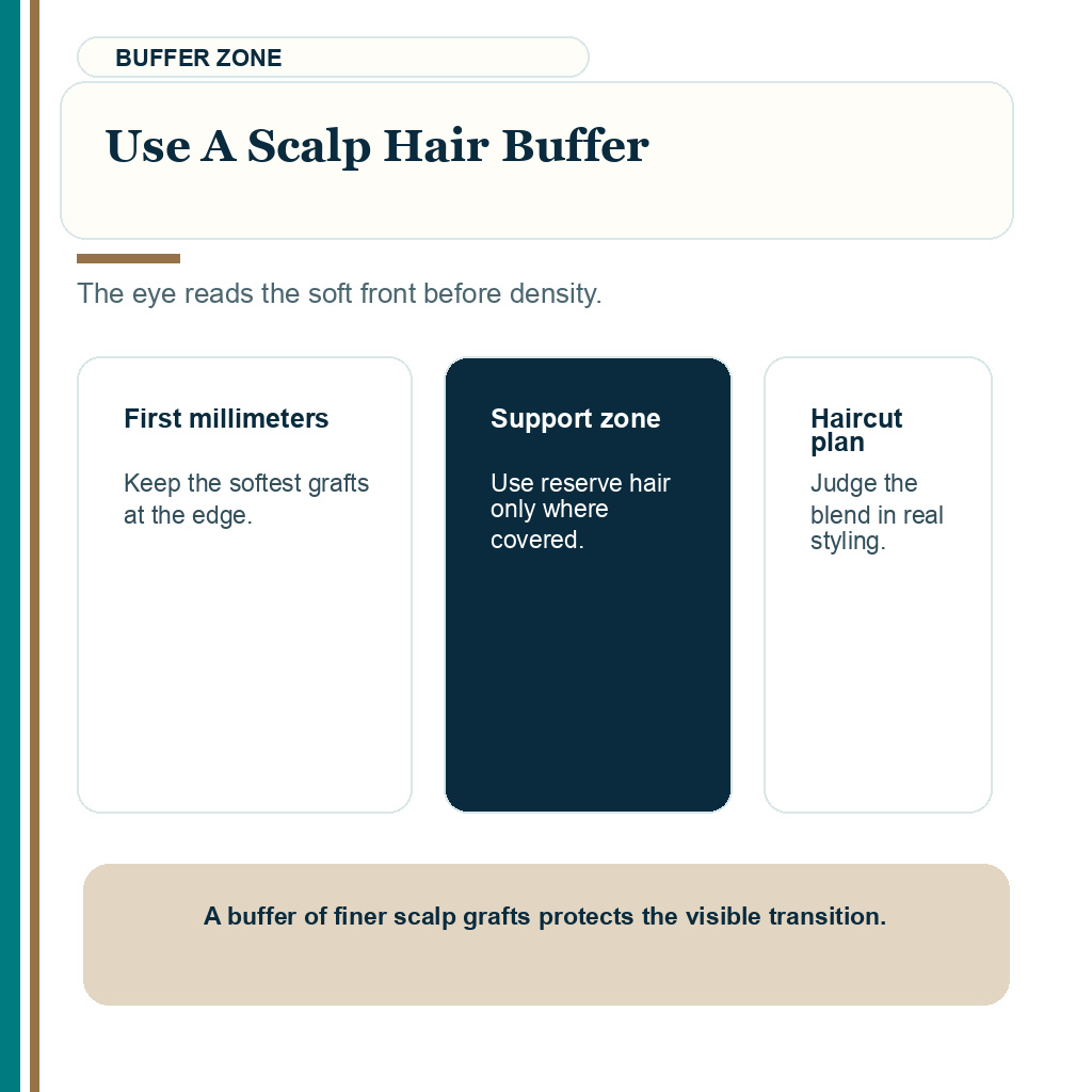 Beard and body hair hairline carousel image explaining why a scalp hair buffer protects the visible edge