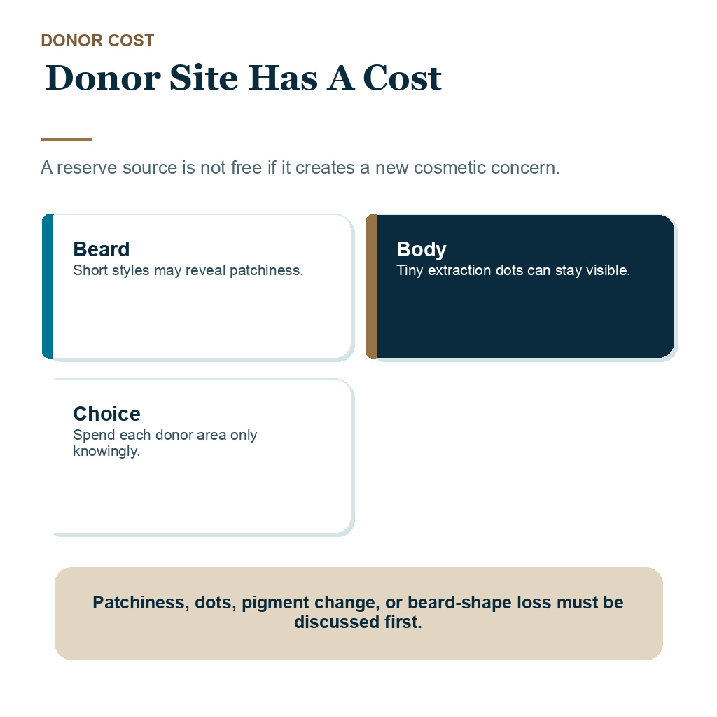 Beard and body hair hairline carousel image explaining beard and body donor sites have cosmetic costs