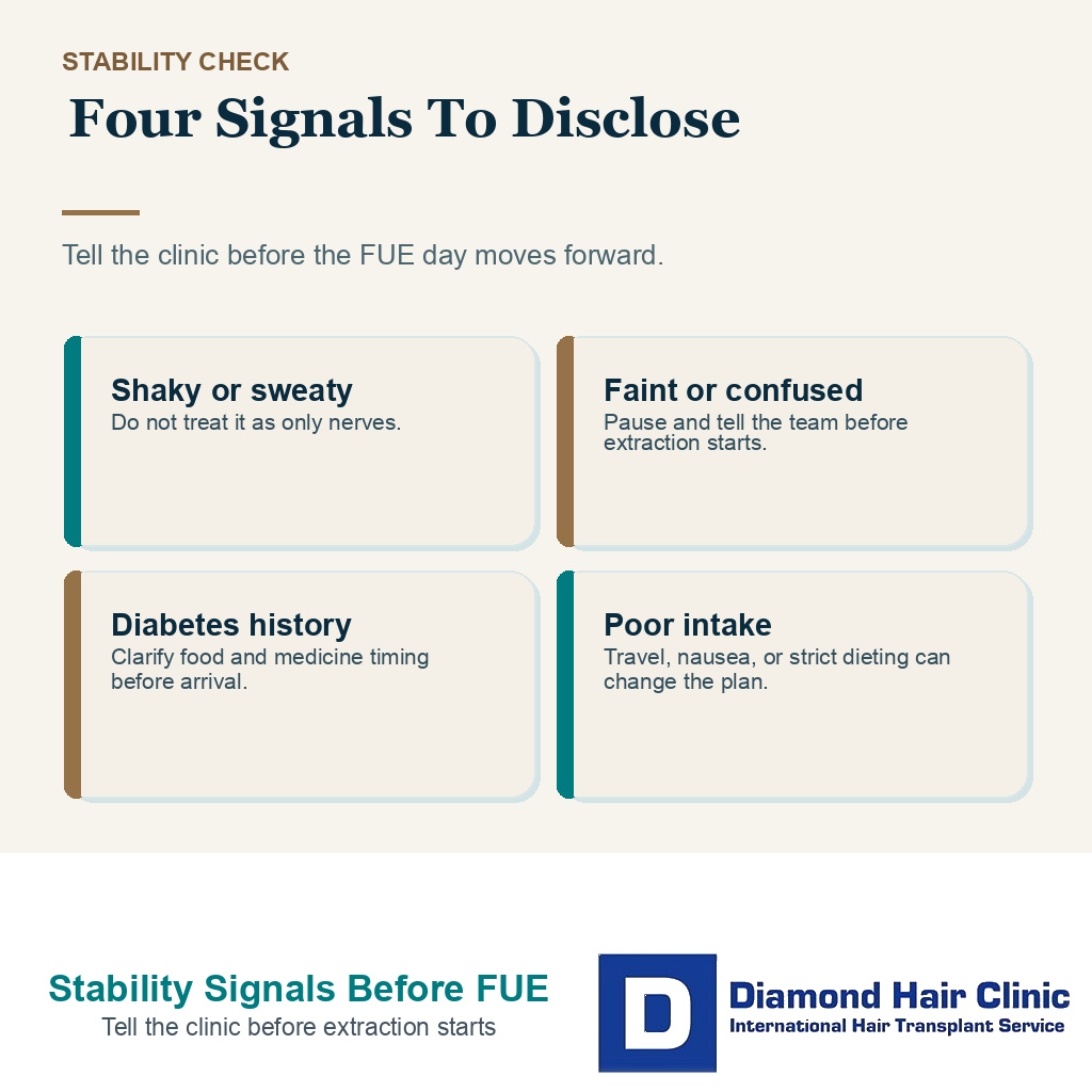Four blood sugar and stability signals to tell the clinic before FUE.