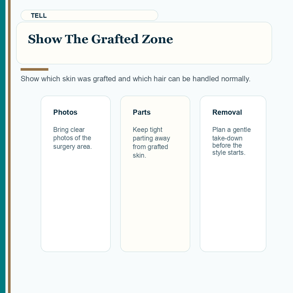 Carousel slide about telling the stylist where grafted skin is after FUE