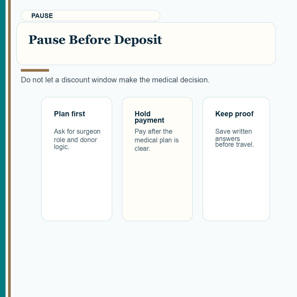 Carousel slide about pausing before deposit before booking with a low Turkey hair transplant budget.